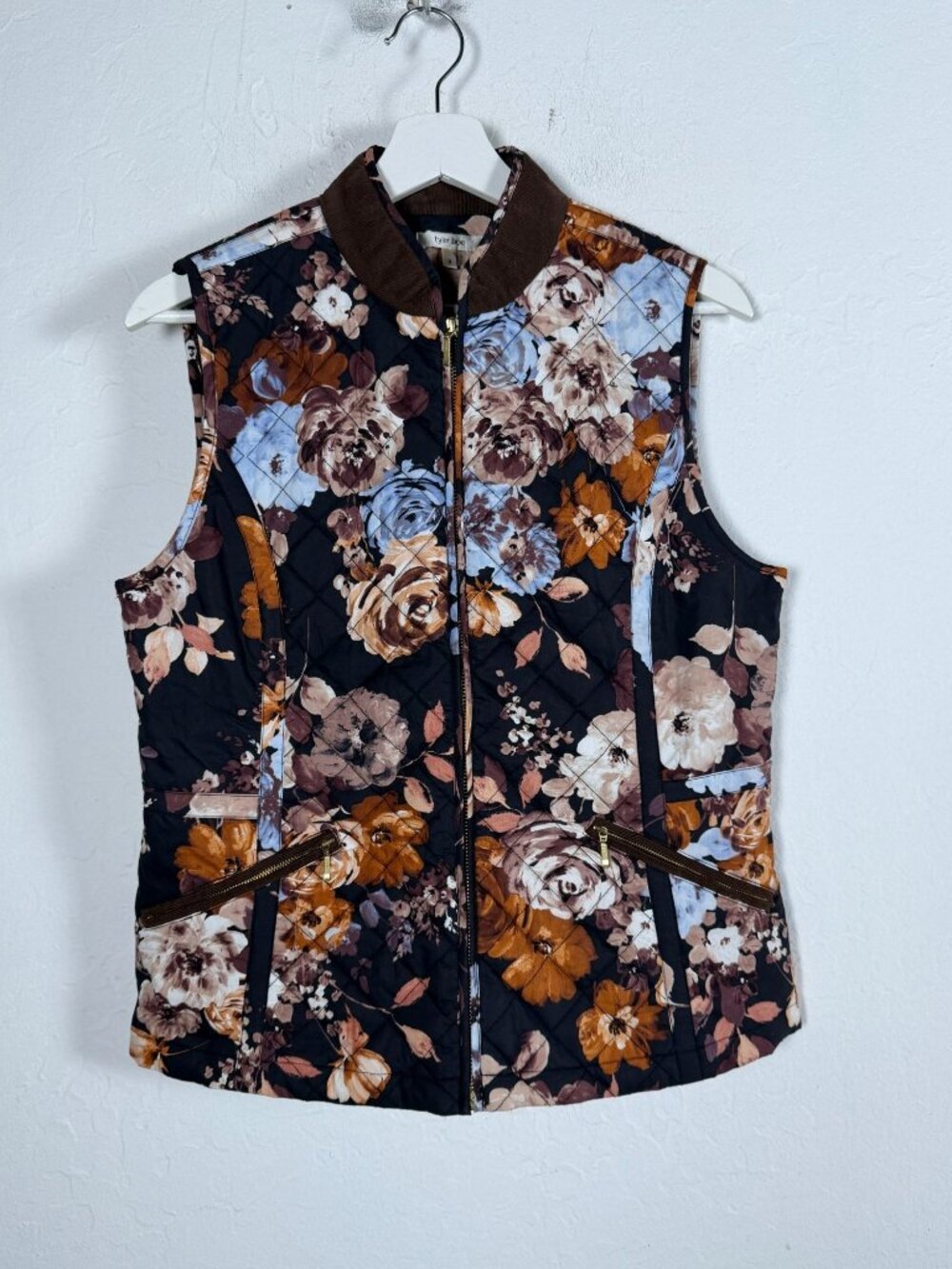 Tyler Böe Womens Floral Print Zip Front Quilted Vest Small Corduroy Collar
